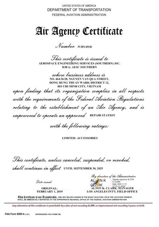 FAA Air Agency Certificate 3VHY49 renewal